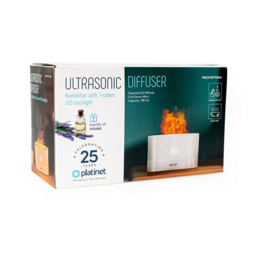 PLATINET Illatosító, aroma diffúzor, Láng hatású, Ultrahangos, 180ml,  ajándék Levendulás olajjal, fehér
