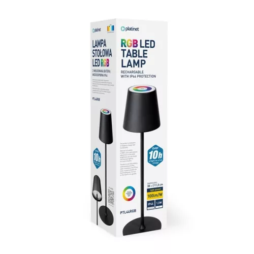 PLATINET Asztali lámpa RGB,  1,5W, LED, 3000K, 100 Lumen, akkumulátoros, vízálló, 4000mAh, 10 óra üzemidő, fekete