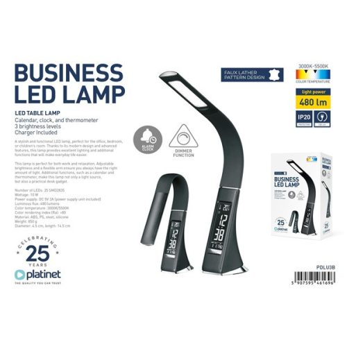 PLATINET Asztali lámpa 9W, rugalmas, hajlítható, LCD digitális naptárral, órával és hűmérővel, 5500K, 480Lm, fekete