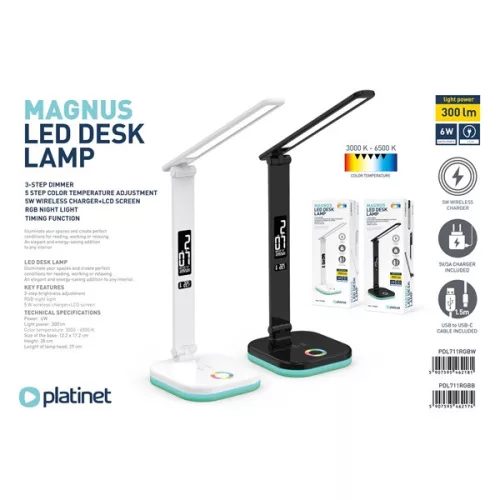 PLATINET Asztali lámpa RGB, 6W, LED, Kijelzős órával és hőmérővel, 5W vezeték nélküli töltővel, 6500K, 300 Lumen, fehér