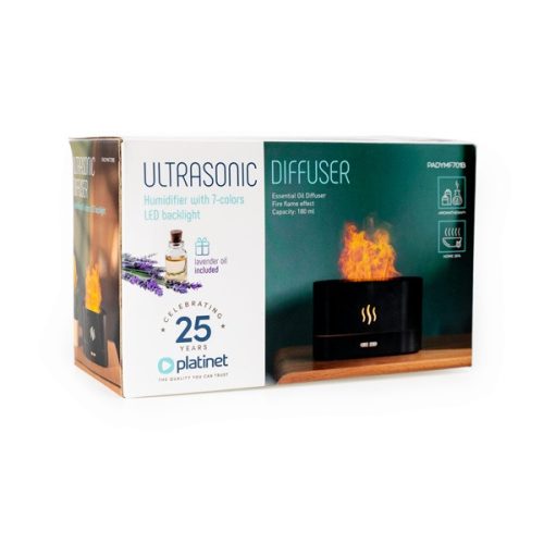 PLATINET Illatosító, aroma diffúzor, Láng hatású, Ultrahangos, 180ml,  ajándék Levendulás olajjal, fekete