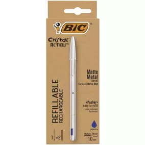   Golyóstoll, 0,32 mm, kupakos, matt ezüst színű tolltest, BIC "Cristal Re'New", kék + betét