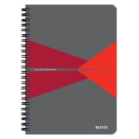 Spirálfüzet, A5, kockás, 90 lap, laminált karton borító, LEITZ "Office", szürke-piros   Spirálfüzet, A5, kockás, 90 lap, laminált karton borító, LEITZ "Office", szürke-piros