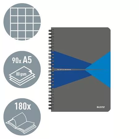 Spirálfüzet, A5, kockás, 90 lap, laminált karton borító, LEITZ "Office", szürke-kék