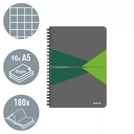 Spirálfüzet, A5, kockás, 90 lap, laminált karton borító, LEITZ "Office", szürke-zöld