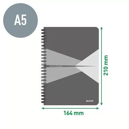Spirálfüzet, A5, vonalas, 90 lap, laminált karton borító, LEITZ "Office", szürke-zöld