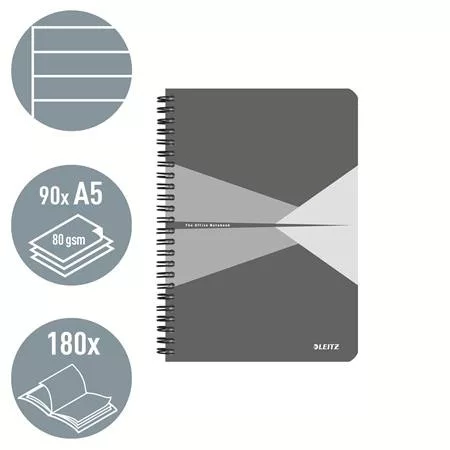 Spirálfüzet, A5, vonalas, 90 lap, laminált karton borító, LEITZ "Office", szürke