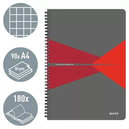 Spirálfüzet, A4, kockás, 90 lap, PP borító, LEITZ "Office", szürke-piros