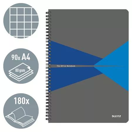 Spirálfüzet, A4, kockás, 90 lap, PP borító, LEITZ "Office", szürke-kék