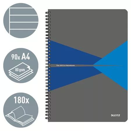 Spirálfüzet, A4, vonalas, 90 lap, PP borító, LEITZ "Office", szürke-kék