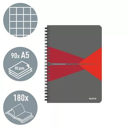 Spirálfüzet, A5, kockás, 90 lap, PP borító, LEITZ "Office", szürke-piros