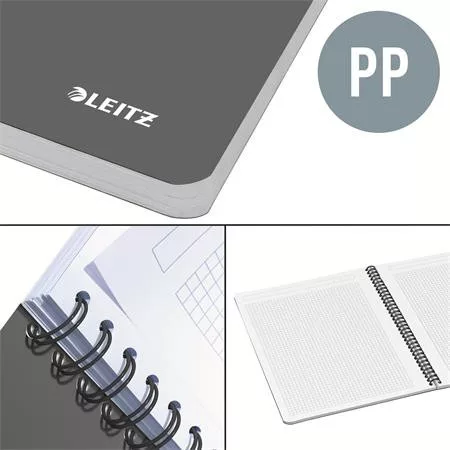 Spirálfüzet, A5, kockás, 90 lap, PP borító, LEITZ "Office", szürke-piros