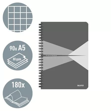 Spirálfüzet, A5, kockás, 90 lap, PP borító, LEITZ "Office", szürke