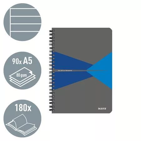 Spirálfüzet, A5, vonalas, 90 lap, PP borító, LEITZ "Office", szürke-kék