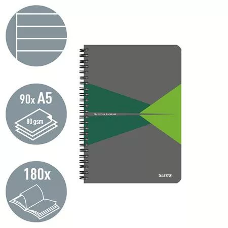 Spirálfüzet, A5, vonalas, 90 lap, PP borító, LEITZ "Office", szürke-zöld