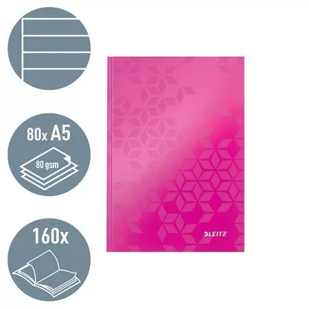 Beíró, A5, vonalas, 80 lap, keményfedeles, LEITZ "Wow", rózsaszín