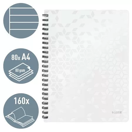 Spirálfüzet, A4, vonalas, 80 lap, LEITZ "Wow", fehér