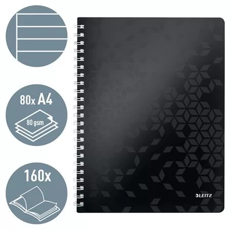 Spirálfüzet, A4, vonalas, 80 lap, LEITZ "Wow", fekete