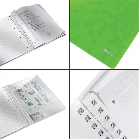 Spirálfüzet, A4, kockás, 80 lap, LEITZ "Wow", zöld