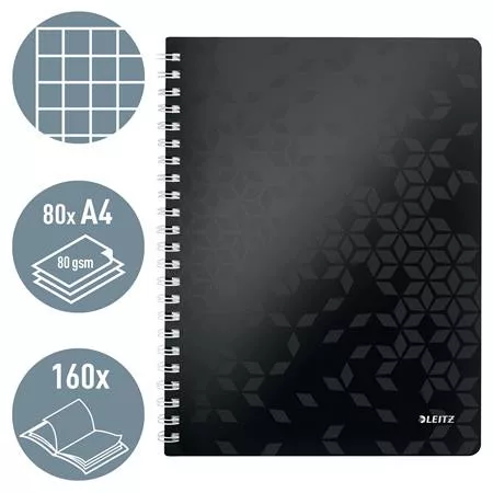 Spirálfüzet, A4, kockás, 80 lap, LEITZ "Wow", fekete