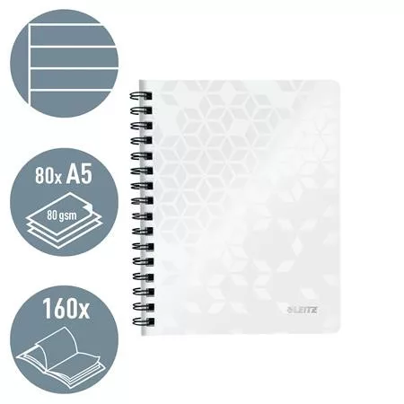 Spirálfüzet, A5, vonalas, 80 lap, LEITZ "Wow", fehér