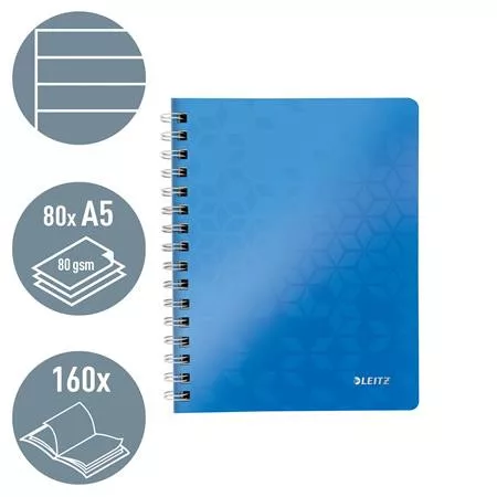 Spirálfüzet, A5, vonalas, 80 lap, LEITZ "Wow", kék