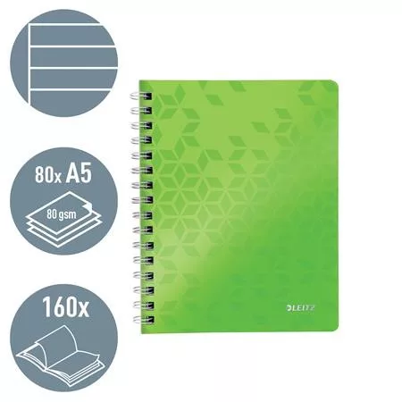 Spirálfüzet, A5, vonalas, 80 lap, LEITZ "Wow", zöld