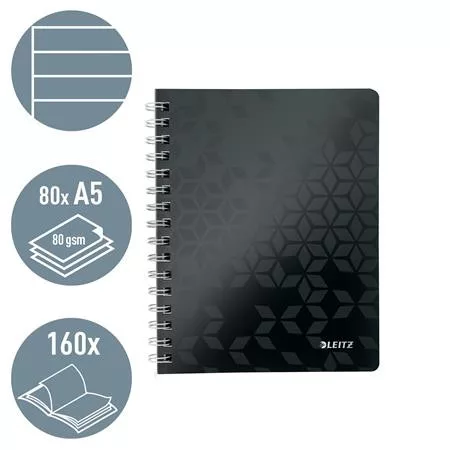 Spirálfüzet, A5, vonalas, 80 lap, LEITZ "Wow", fekete