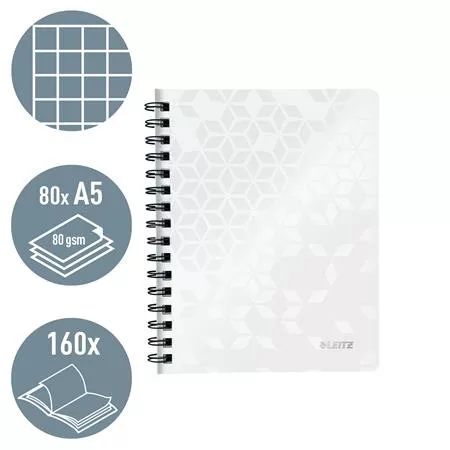 Spirálfüzet, A5, kockás, 80 lap, LEITZ "Wow", fehér