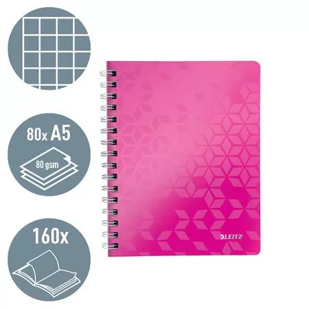 Spirálfüzet, A5, kockás, 80 lap, LEITZ "Wow", rózsaszín