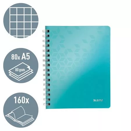 Spirálfüzet, A5, kockás, 80 lap, LEITZ "Wow", jégkék