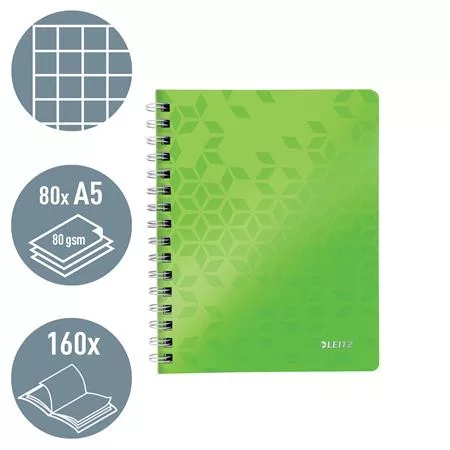 Spirálfüzet, A5, kockás, 80 lap, LEITZ "Wow", zöld