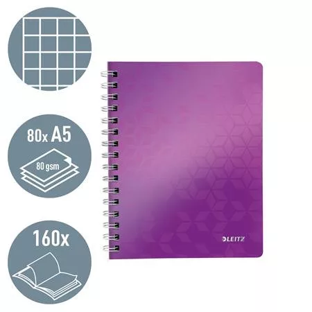 Spirálfüzet, A5, kockás, 80 lap, LEITZ "Wow", lila
