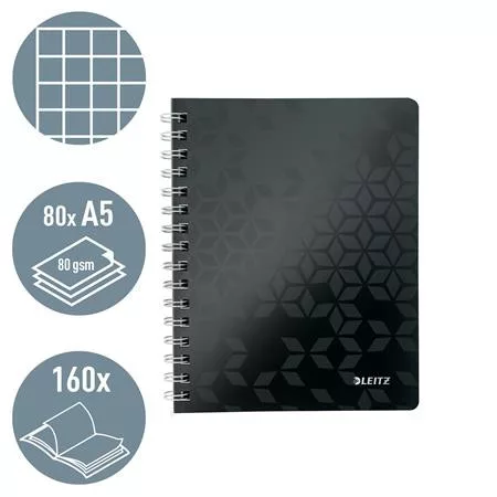 Spirálfüzet, A5, kockás, 80 lap, LEITZ "Wow", fekete