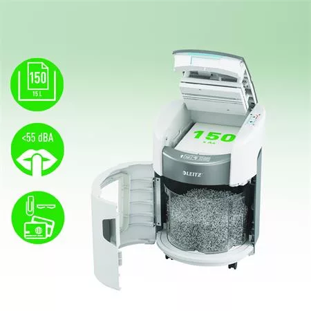 Iratmegsemmisítő, mikrokonfetti, 150 lap, LEITZ "IQ OptiMax Autofeed Home Office 150 P5"