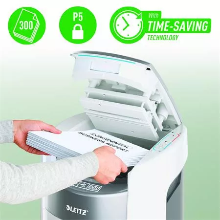 Iratmegsemmisítő, mikrokonfetti, 300 lap, LEITZ "IQ OptiMax Autofeed Office 300 P5"