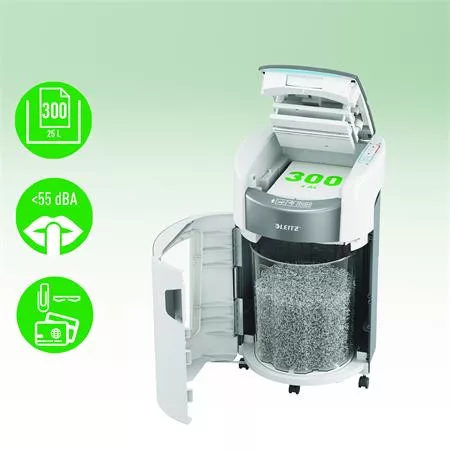 Iratmegsemmisítő, mikrokonfetti, 300 lap, LEITZ "IQ OptiMax Autofeed Office 300 P5"