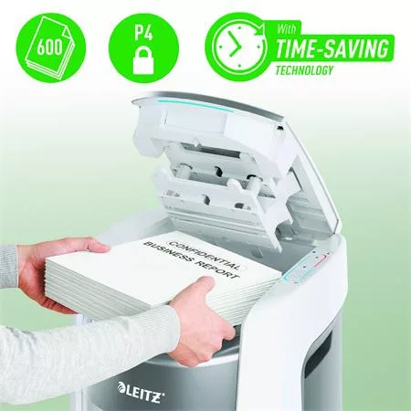 Iratmegsemmisítő, konfetti, 600 lap, LEITZ "IQ OptiMax Autofeed Office Pro 600 P4"