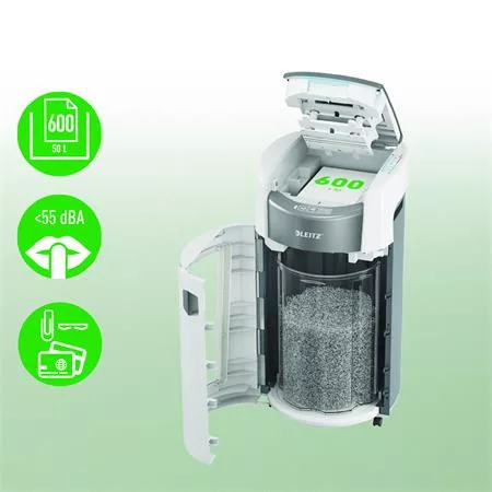 Iratmegsemmisítő, konfetti, 600 lap, LEITZ "IQ OptiMax Autofeed Office Pro 600 P4"