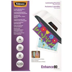 Meleglamináló fólia, 80 mikron, A4, fényes, öntapadó, 100 db, FELLOWES   Meleglamináló fólia, 80 mikron, A4, fényes, öntapadó, 100 db, FELLOWES