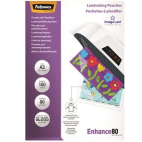 Meleglamináló fólia, 80 mikron, A3, fényes, 100 db, FELLOWES   Meleglamináló fólia, 80 mikron, A3, fényes, 100 db, FELLOWES
