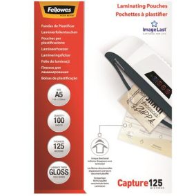 Meleglamináló fólia, 125 mikron, A5, fényes, 100 db, FELLOWES   Meleglamináló fólia, 125 mikron, A5, fényes, 100 db, FELLOWES