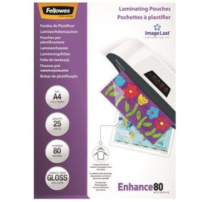 Meleglamináló fólia, 80 mikron, A4, fényes, 25 db, FELLOWES   Meleglamináló fólia, 80 mikron, A4, fényes, 25 db, FELLOWES