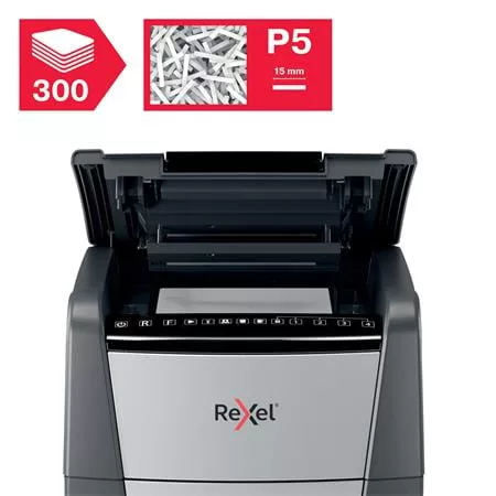 Iratmegsemmisítő, mikrokonfetti, 300 lap, REXEL, "Optimum AutoFeed+ 300M"