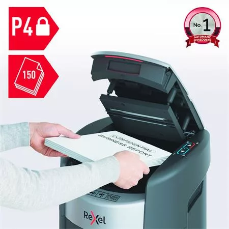 Iratmegsemmisítő, konfetti, 150 lap, REXEL "ShredMax AutoFeed+ 150X P4"