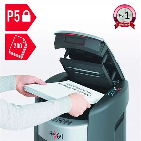 Iratmegsemmisítő, mikrokonfetti, 200 lap, REXEL "ShredMax AutoFeed+ 200M P5"