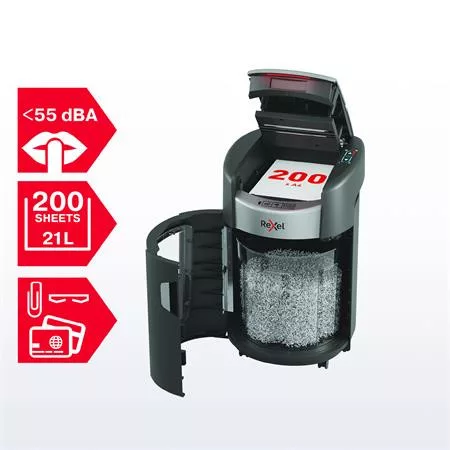 Iratmegsemmisítő, konfetti, 200 lap, REXEL "ShredMax AutoFeed+ 200X P4"
