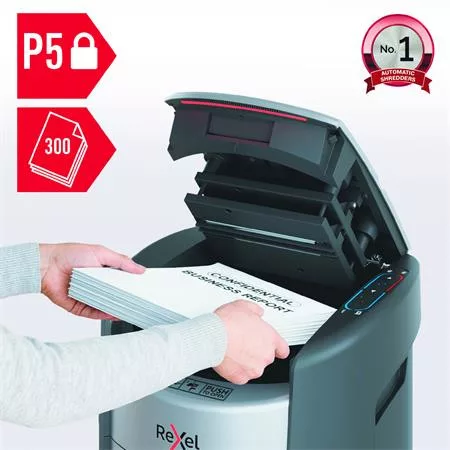 Iratmegsemmisítő, mikrokonfetti, 300 lap, REXEL "ShredMax AutoFeed+ 300M P5"