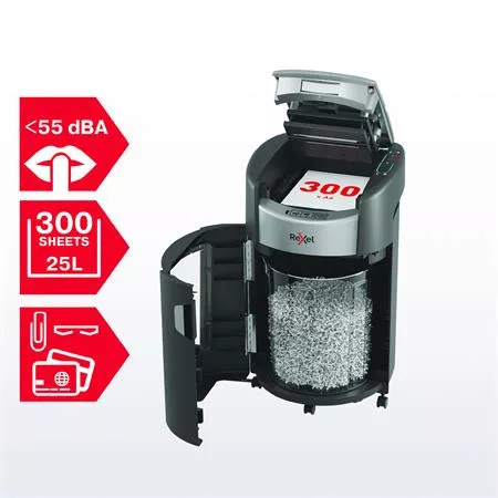 Iratmegsemmisítő, mikrokonfetti, 300 lap, REXEL "ShredMax AutoFeed+ 300M P5"