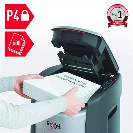 Iratmegsemmisítő, konfetti, 600 lap, REXEL "ShredMax AutoFeed+ 600X P4"
